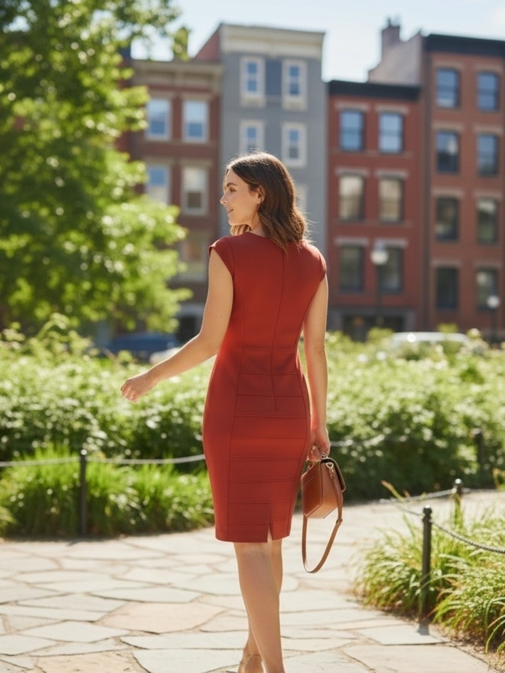 Chic Red Midi Sheath Dress Cap Sleeves Structured Panel Bodycon Cocktail Party - Picture 6 of 7